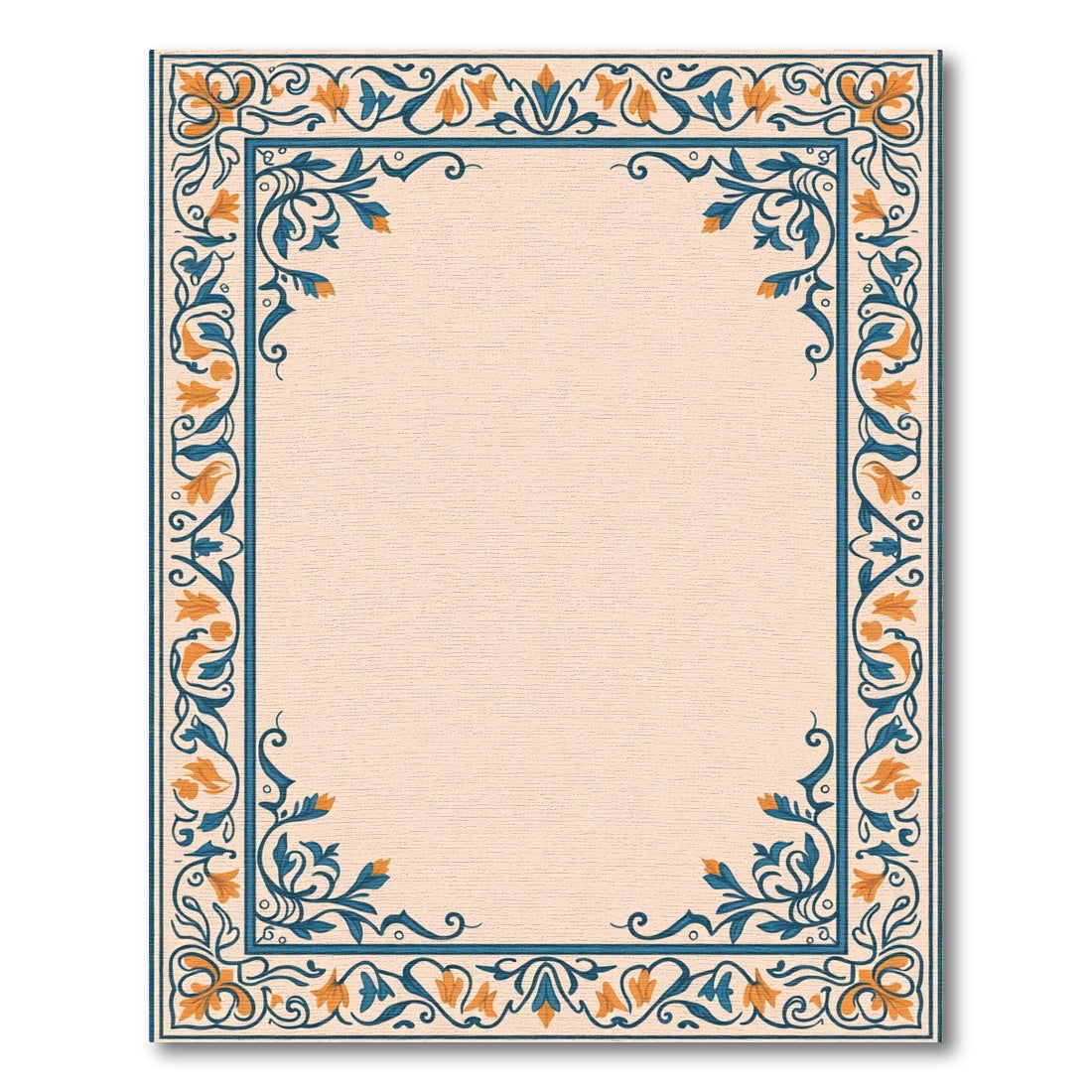 Elegant Floral Border Blue Orange Rug