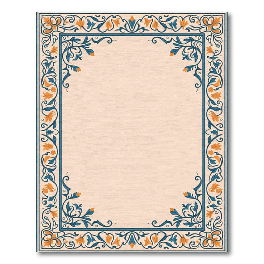 Elegant Floral Border Blue Orange Rug