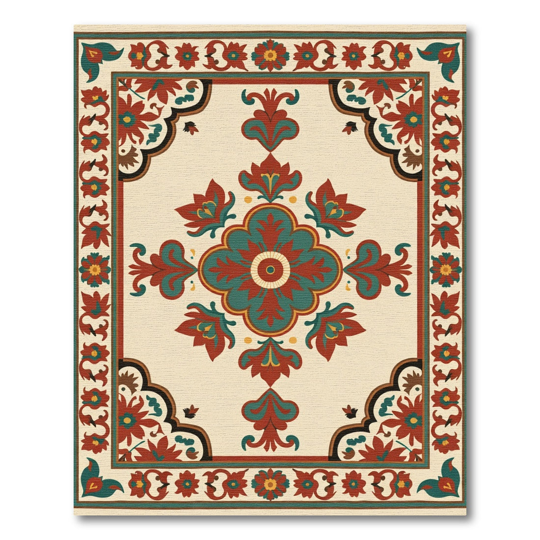 Crimson Teal Floral Quadrant Medallion Rug
