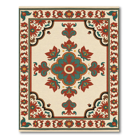 Crimson Teal Floral Quadrant Medallion Rug