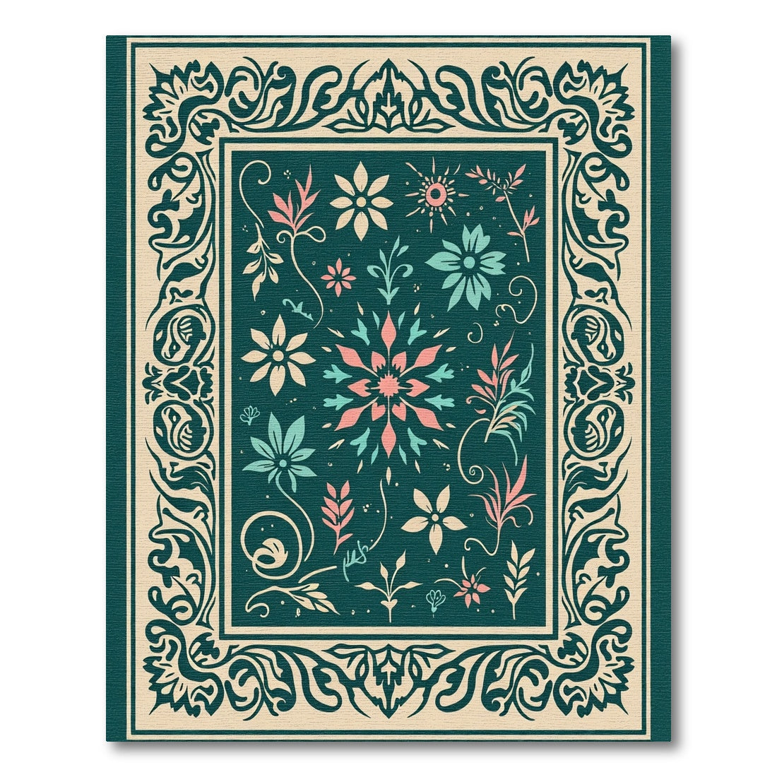 Teal Floral Scroll Frame Design Rug