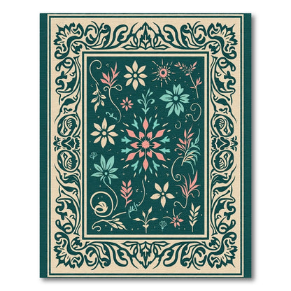 Teal Floral Scroll Frame Design Rug