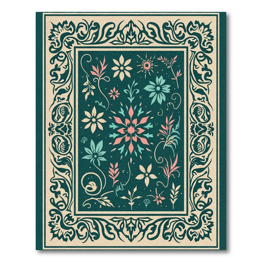 Teal Floral Scroll Frame Design Rug