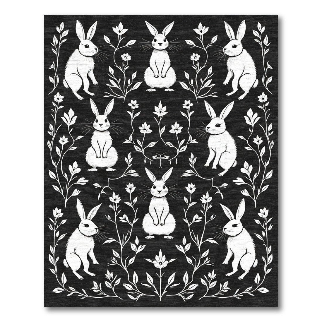 White Bunny Floral Black Statement Rug