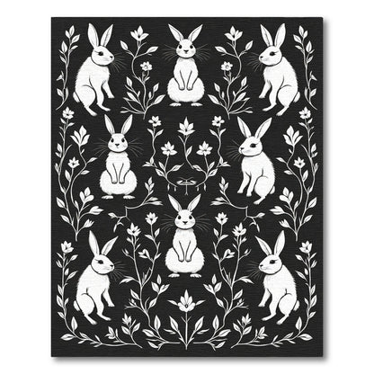 White Bunny Floral Black Statement Rug
