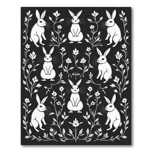 White Bunny Floral Black Statement Rug