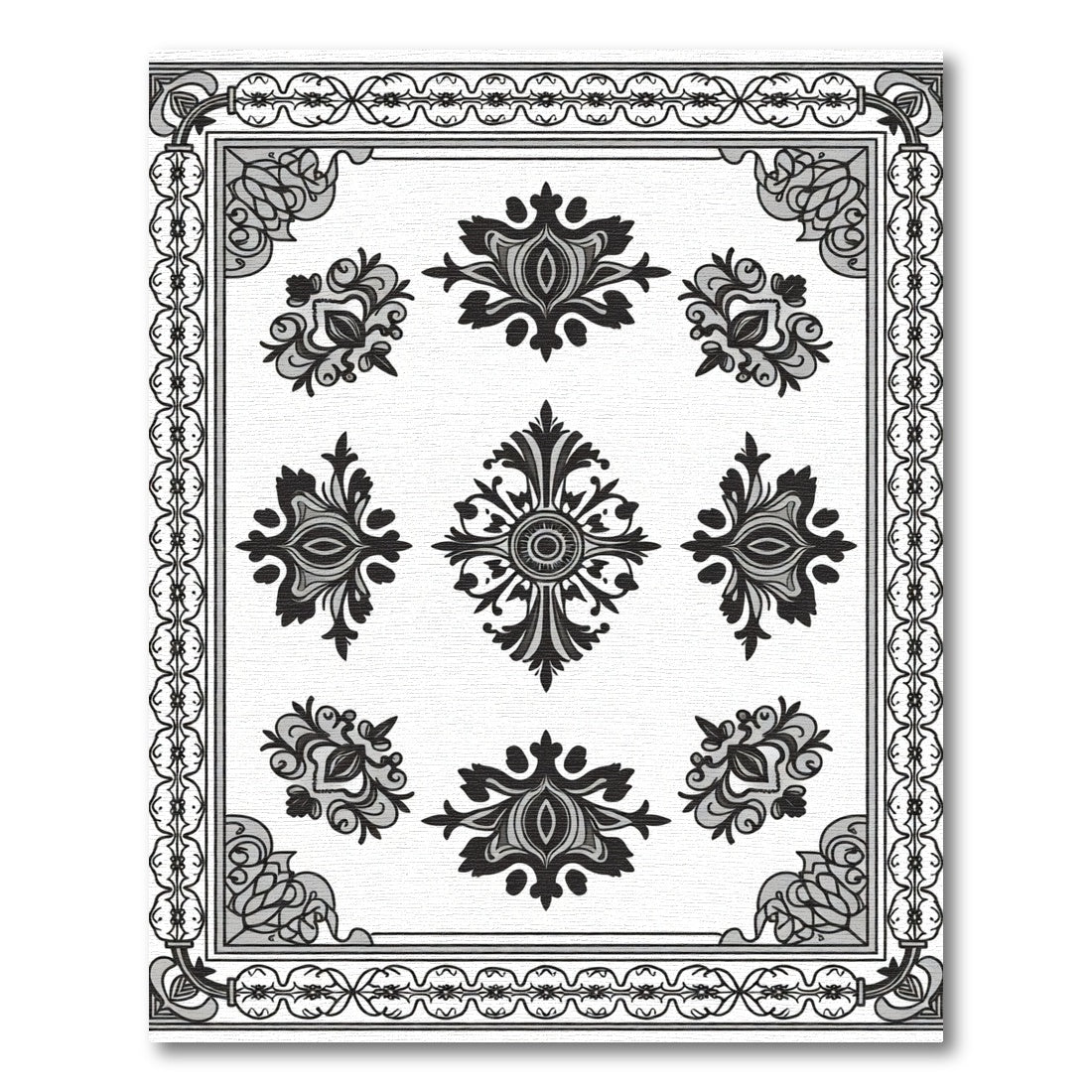 Ornate Black White Garden Motif Rug