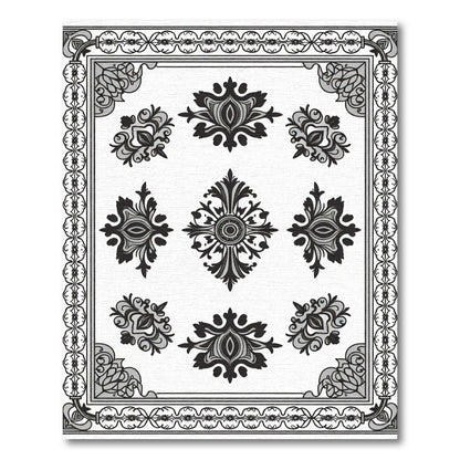 Ornate Black White Garden Motif Rug
