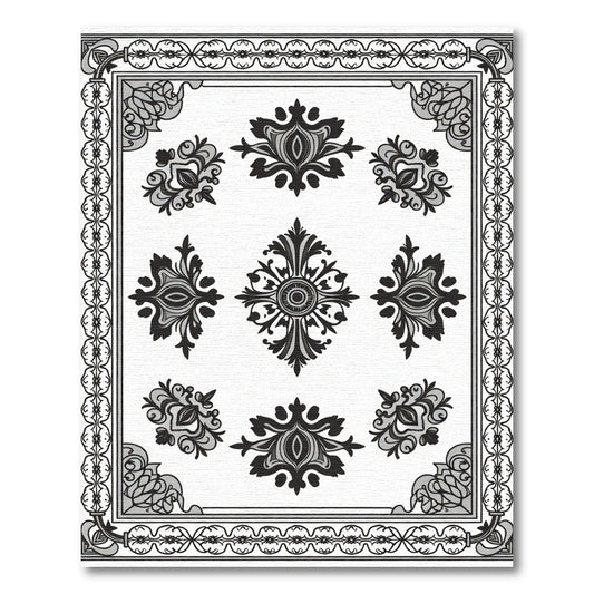 Ornate Black White Garden Motif Rug