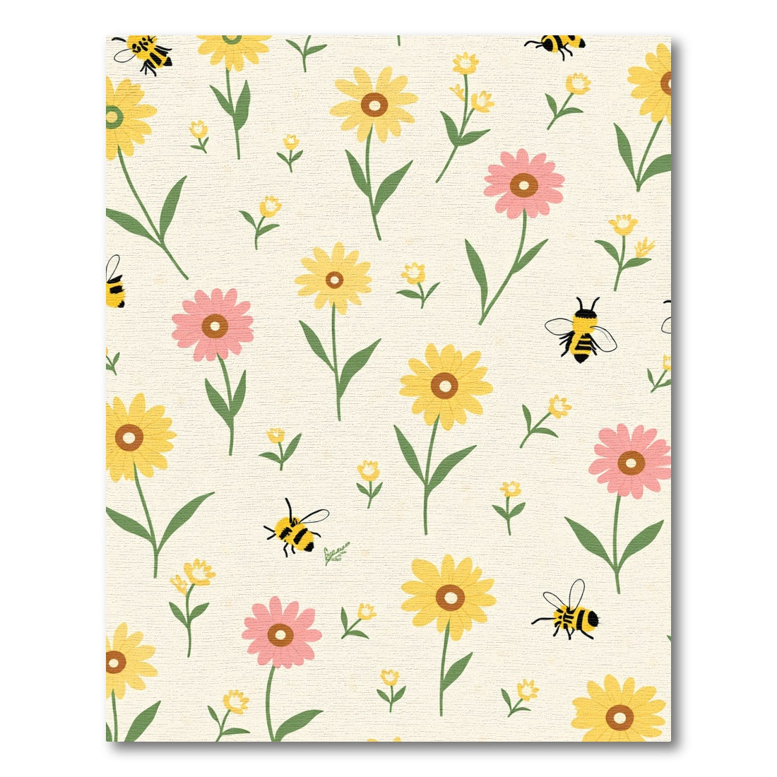 Yellow Pink Floral Bees Meadow Rug