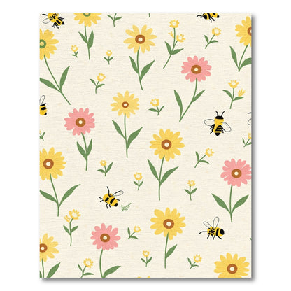 Yellow Pink Floral Bees Meadow Rug