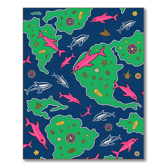 Pink Blue Dolphins Ocean Islands Rug