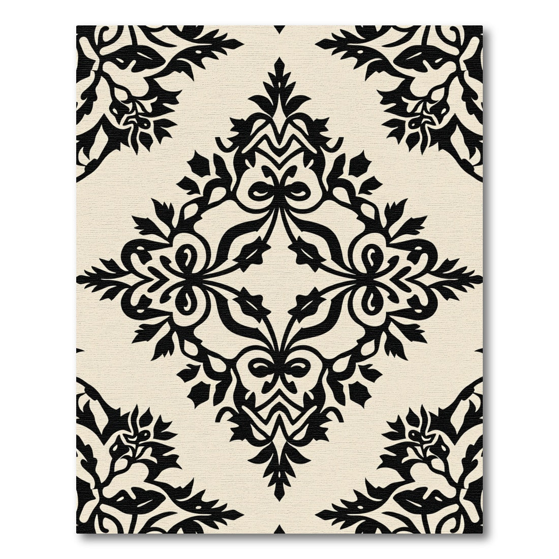 Cream Black Damask Floral Scroll Rug