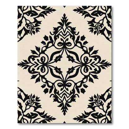 Cream Black Damask Floral Scroll Rug