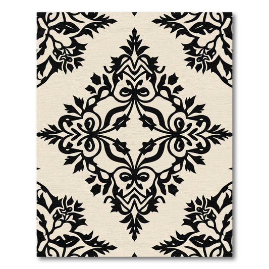Cream Black Damask Floral Scroll Rug