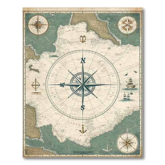 Blue and Teal Nautical Vintage Nautical Compass Area Rug