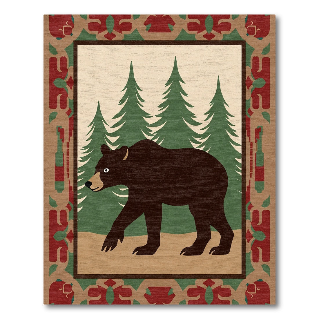 Forest Bear Pine Trees Geometric Border Rug