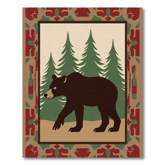 Forest Bear Pine Trees Geometric Border Rug
