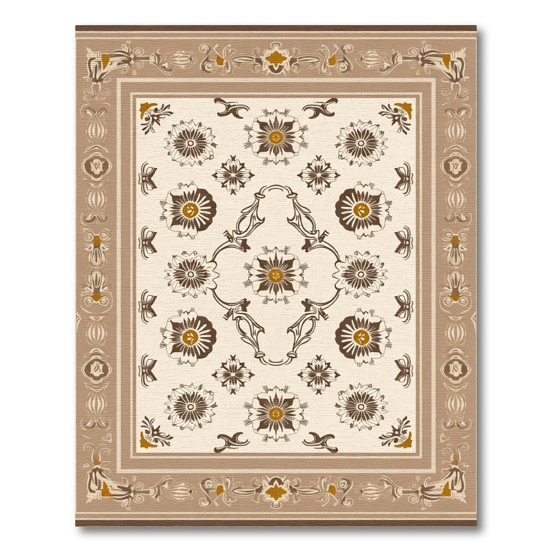 Brown Beige Floral Medallion Scrollwork Rug