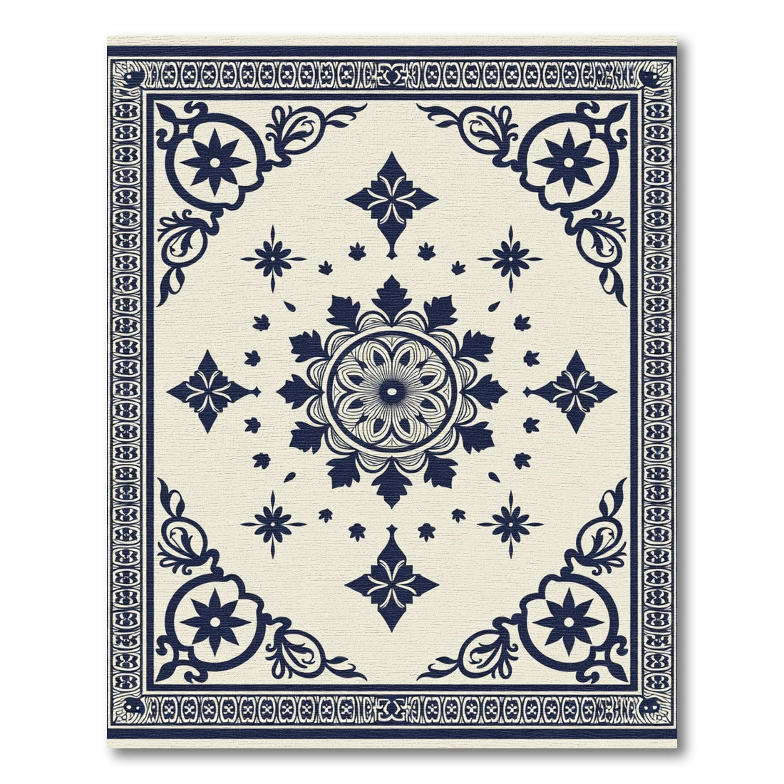 Dark Blue Floral Medallion Cream Rug