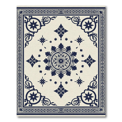 Dark Blue Floral Medallion Cream Rug