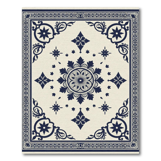 Dark Blue Floral Medallion Cream Rug