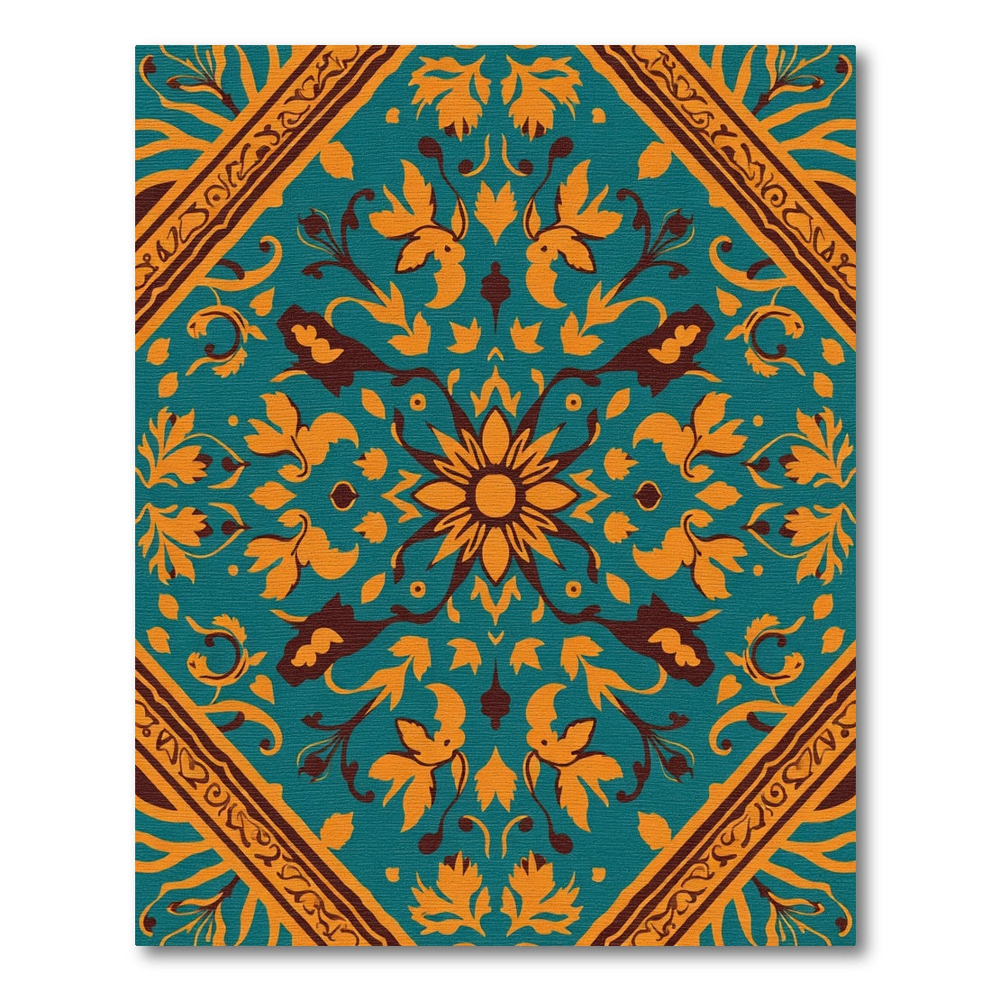 Amber Teal Floral Medallion Brocade Rug