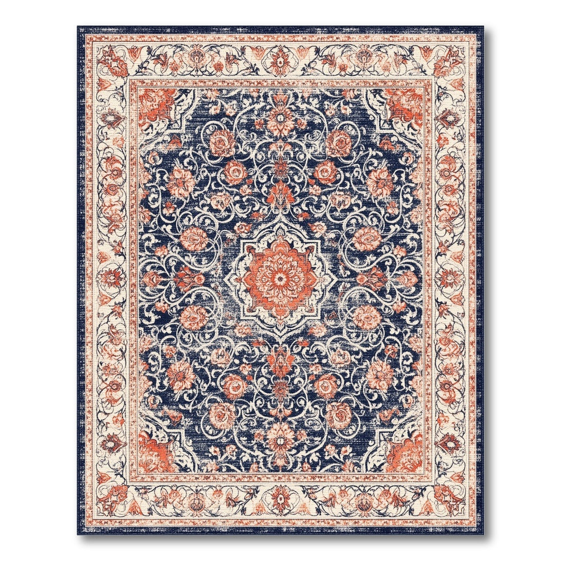 Distressed Blue Floral Medallion Area Rug