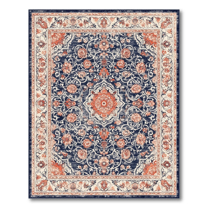 Distressed Blue Floral Medallion Area Rug