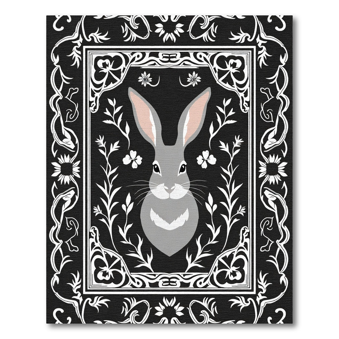 Whimsical Gray Bunny Floral Border Rug