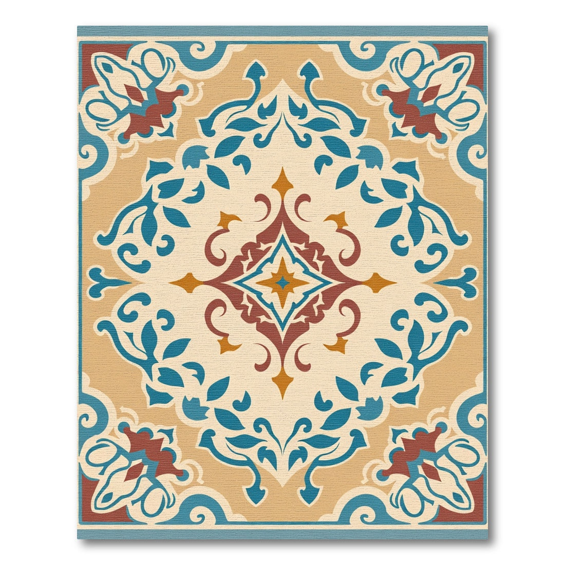 Tan Blue Red Floral Medallion Rug