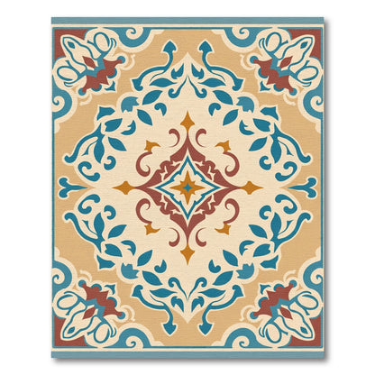 Tan Blue Red Floral Medallion Rug