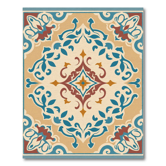 Tan Blue Red Floral Medallion Rug