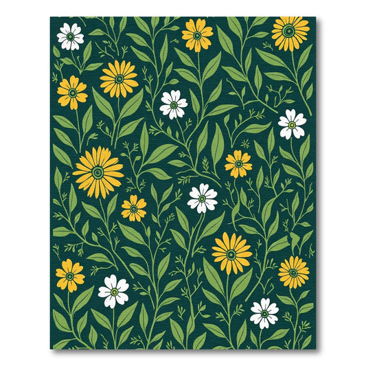 Dark Teal Yellow White Floral Vine Rug