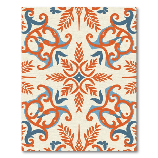 Cream Orange Blue Scroll Medallion Rug