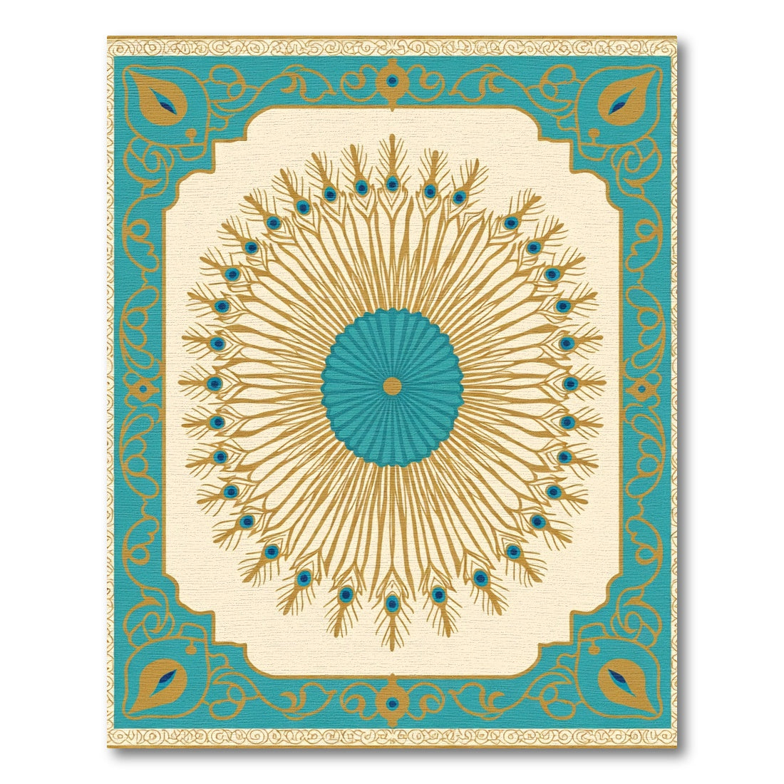Turquoise Gold Peacock Feather Sunburst Rug