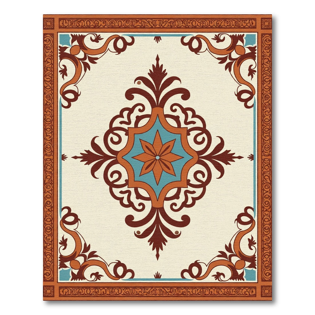 Brown Teal Floral Medallion Cream Rug
