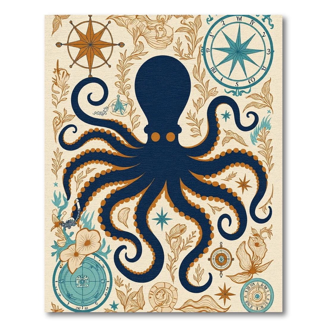 Navy Octopus Nautical Compass Illustration Rug