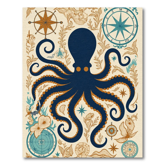 Navy Octopus Nautical Compass Illustration Rug