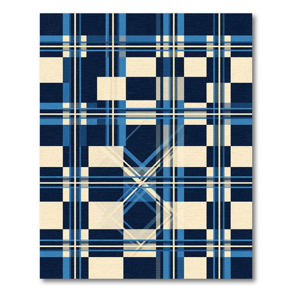 Deep Blue Cream Plaid Geometric Rug