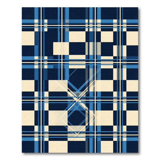 Deep Blue Cream Plaid Geometric Rug
