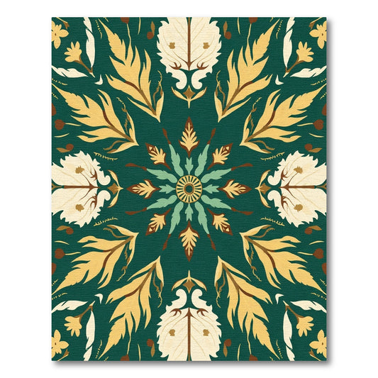 Green Teal Yellow Leaf Medallion Rug