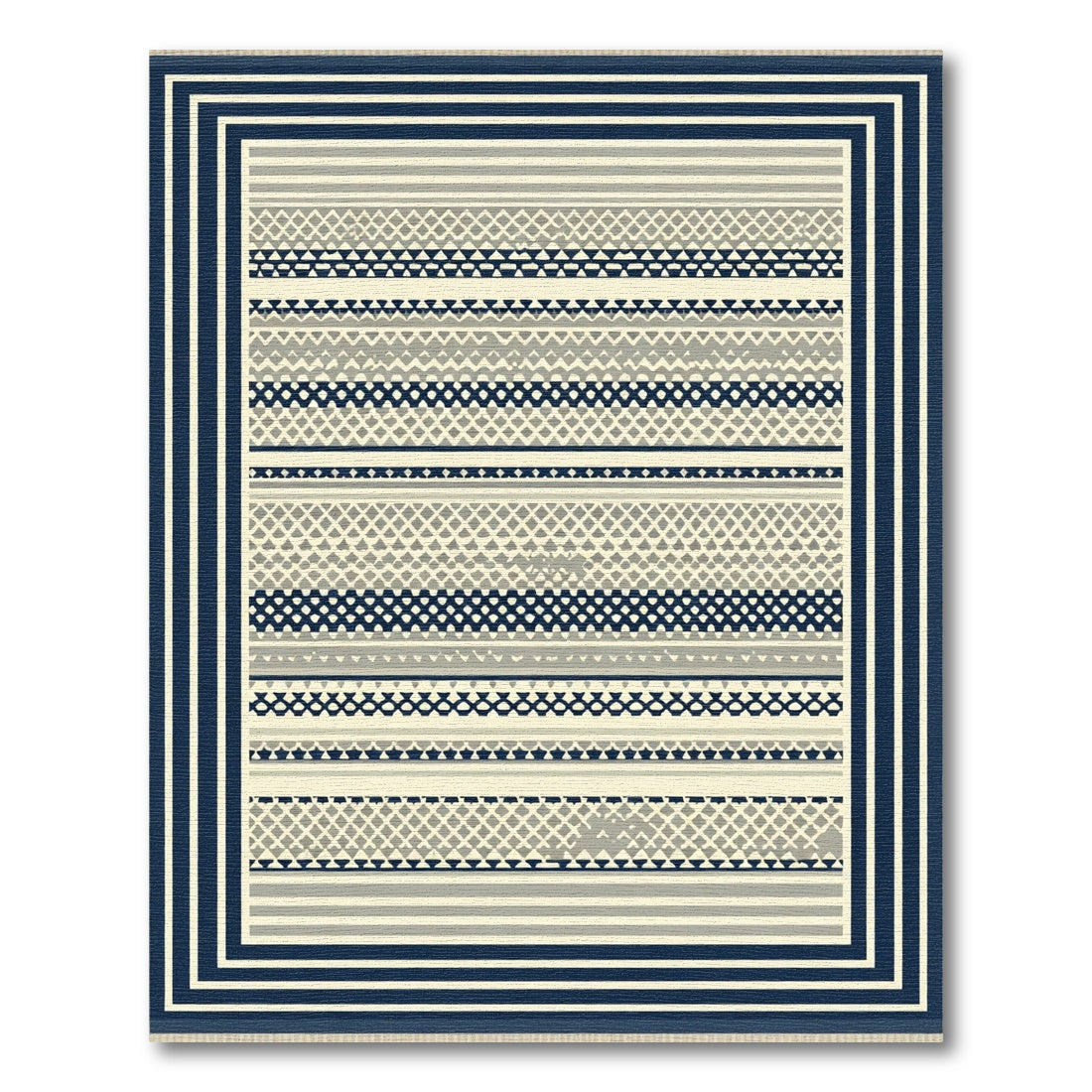 Navy Beige Geometric Stripe Border Rug