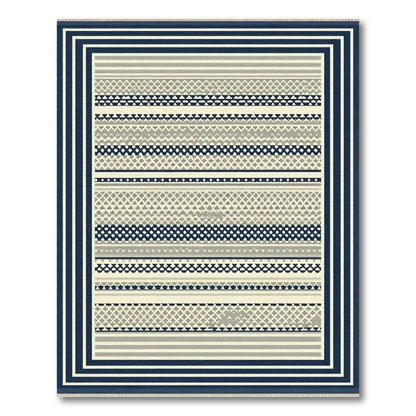 Navy Beige Geometric Stripe Border Rug