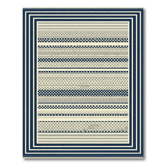 Navy Beige Geometric Stripe Border Rug