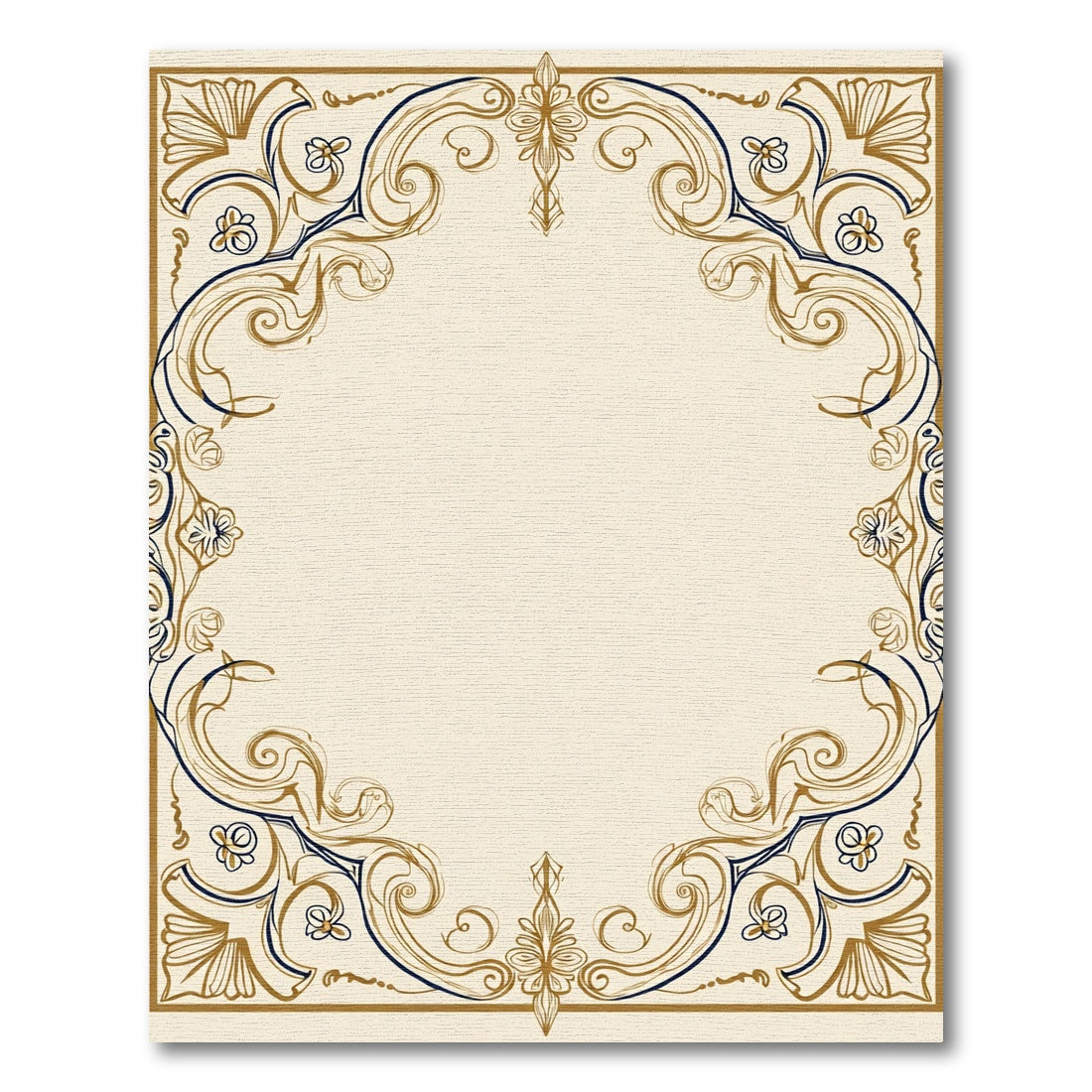 Golden Navy Swirl Floral Frame Rug