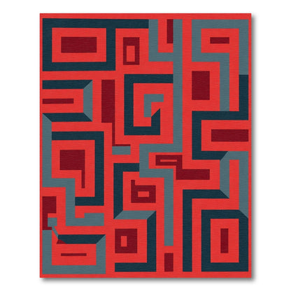 Deep Red Blue Geometric Maze Rug