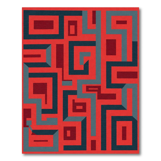 Deep Red Blue Geometric Maze Rug