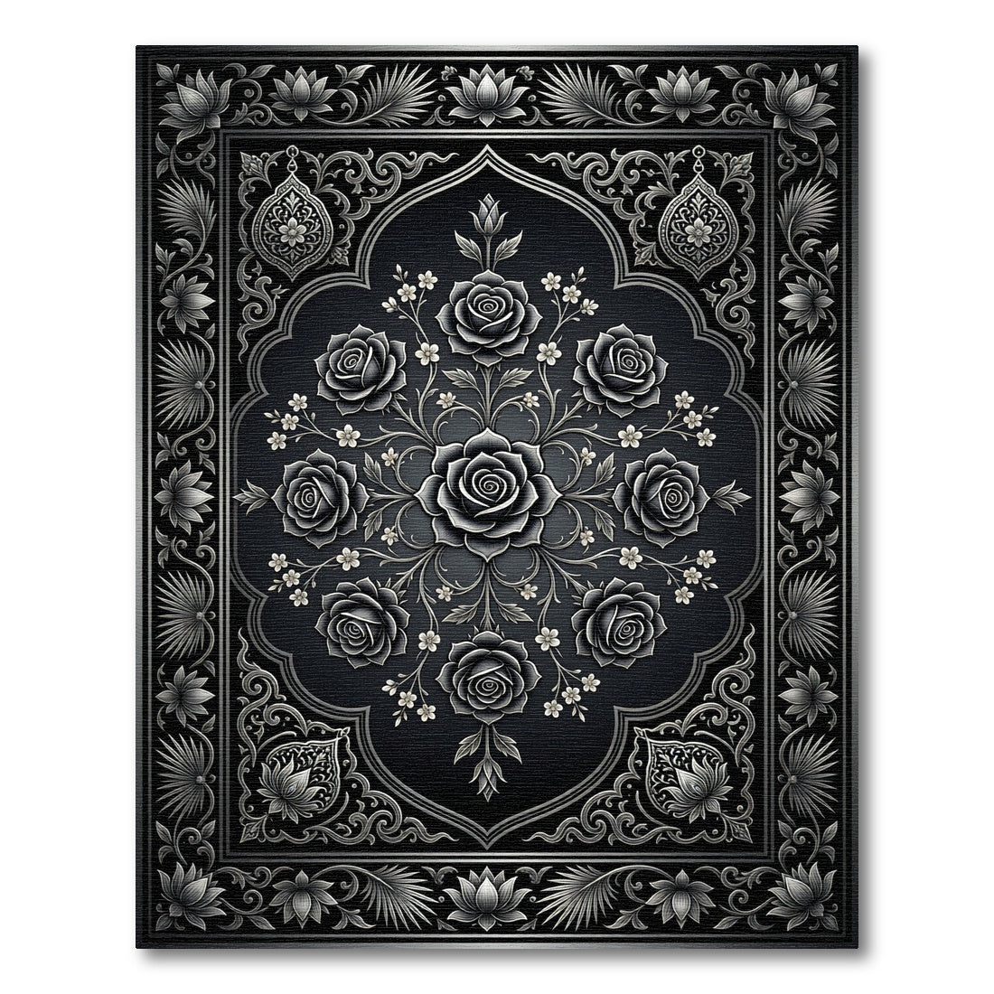 Ornate Black Rose Floral Arch Rug