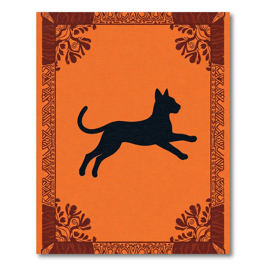 Orange Black Silhouette Jumping Cat Border Rug